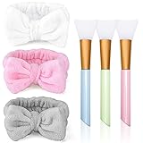 Aoliandatong Bowknot Haarband für Make up,Bowknot Stirnband,3Stück Bowknot Haarbänder mit 3 Stück Silikon Maskenpinsel, Beauty Gesichtspflege Make-up für Damen(Rosa+grau+Weiß)