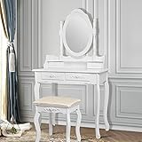ML-Design Schminktisch Weiß, Frisiertisch mit Spiegel, Hocker und 4 Schubladen, 75 x 139 x 40 cm, Landhausstil, Kosmetiktisch für Damen & Mädchen, Frisierkommode aus MDF Holz, Kommode Make-up T