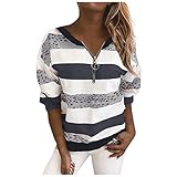 Damen T-Shirt Langarm Streifen Sweatshirt Zipper V-Ausschnitt Shirt Urlaub Tee Sanft Hautfreundlich Schlank Frauen Tops Grau Weiß Blau Braun Rot Dunkelgrau Pullover Bluse Damen Tunics Tshirts XIAOYUER