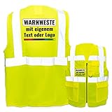 Warnweste mit Reißverschluss und Taschen * Druck auf Rücken + Front/Premium-Druck * Farbe & Größe: Gelb/Größe L * Aufdruck selbst gestalten * Bedruckt mit Design Foto Text Log