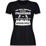 Geschenk für Hundebesitzer - Leg Dich Niemals mit Meinem Frauchen an - M - Schwarz - Shirt Hunde Spruch - L191 - Tailliertes Tshirt für Damen und Frauen T-S