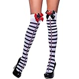 Smiffys Fever Damen Halterlose Strümpfe, Gestreift mit Spielkarten Symbolen und Schleifen, Blickdicht, One Size, Schwarz-Weiß, 42708