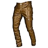 fasloyu Herren Lederhose Lederjeans bikerjeans Jeans Hose Punk Retro Goth Slim Casual Lange Hosen - S-5XL (Yellow, M)