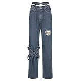 Siyova Modische Damen-Hose mit Herz-Aufdruck, lässig, breites Bein, hohe Taille, mit Taschen, Patchwork-Streetwear-Hose für Damen, Denim-Nähte., marineblau, S