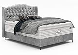 BettCo Boxspringbett Maison Silber Grau Samtstoff H3 Taschenfederkern Matratze Topper Bett Hotelbett Luxusbett Montage (180 x 200 cm, Dunkelgrau)