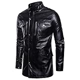 Herren-Hemd, Jacke, Kapuzenpullover, mittellang, Leder, Stehkragen, vier Taschen, Motorradjacke, Sweatshirts, Fitness, Training, Laufen, schwarz 1, XXXXX-Larg