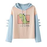 TTWOMEN Damen Niedliches Dinosaurier Sweatshirt Lässig Langarm Farbblock Cartoon Print Hoodies Pullover Top