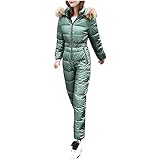 Damen Einteiliger Skioverall Mit Kapuze Warme Winter Hoodie Skisuit Schnee Skianzüge Langer Jumpsuit Mode Pelzkragen Overall mit Reißverschluss Outdoor Sports Ski-Anzug Schnee Skifahren S