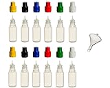 12 Stück 10 ml PP-Flaschen MIT FARBIGEN DECKELN + Füll-Trichter - Quetschflasche Leerflasche Kunststofflasche Plastikflasche Spritzflasche quetschbar zum befüllen und mischen auch L