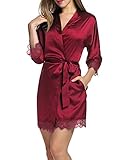 Balancora Damen Morgenmantel Bademantel Satin Sexy Kimono mit Taschen Kurz Robe mit Gürtel Nachthemd für Braut Nachtwäsche Mit Blumenspitze S Rot-1