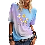 ORANDESIGNE T-Shirt Damen Sommer Oberteile Kurzarm Tee Tops Casual mit Rundhals und Farbverlauf Shirt Hemd Bluse Tshirt Loose Oversize Drucken Blumen Shirt Oberteile 04 Blau S