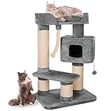 Happypet massiver Premium Kratzbaum stabil für schwere Katzen Maine Coon | 15 cm Dicke Sisalstämme | 600g Plüsch | geprüfte E1 Holzplatten Spiel-Tau | Höhe 118 cm | GRAU