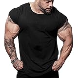 Herren Hemden T-Shirts Kurzarm Muskelschnitt T-Shirts zum Fitnesstraining Bodybuilding Tops 100% Gewaschene Baumwolle T1304 lockere Passform Schwarz L