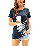 Damen T-Shirt Sommer Kurzarm Löwenzahn Drucken Rundhals Oberteile Casual Lose Bluse Shirt(Navy blau,L)