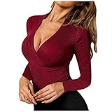 Masrin Damen Tops Einfarbig V-Ausschnitt Kreuz Langarm Faden Strick Slim Cropped T-Shirt Bluse(M,Wein)