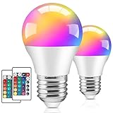 Farbwechsel E27 LED Glühbirne, 4W Dimmbar Birne mit Fernbedienung, Ersetzt 35W, RGB & Warmweiß 3000K, 16 Farben, 380lm, Dimmbare Farbige Edison LED Leuchtmittel G45, 2 Stück