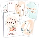 Meilensteinkarten Baby (26 Stück mit Box) Junge & Mädchen - Meilenstein Karten - Milestone Cards Geschenk zur Geburt - Geschenke Schwangerschaft & Babyparty - Fotokarten Babyk