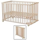 Sämann® Babybett klappbar unlackiert, höhenverstellbar, gummierte Rollen, Klappbett, Faltbett, Reiseb