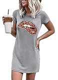 Damen T-Shirt Kleid Kurzarm Sommer Lippenmuster Sommerkleid (1 Grau-Lippen, M)