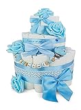 Premium Baby Windeltorte | 3-stöckig mit Rosen in blau & Schnullerkette mit Namen | perfektes Mädchen Geschenk zur Geburt, Taufe, Babyparty