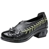 Mallimoda Damen Leder Slipper Mokassins Klassische Pumps Weinlese Handgefertigte Große Blume Loafers Schuhe mit Absatz Schwarz EU 40=Asian 41