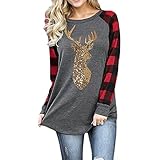 Kookmean Tunika-Oberteil für Damen, langärmelig, Tunika, Weihnachten, Gold, Elch, Rundhalsausschnitt, farbige Ärmel, Shirts, Sweatshirt, Tasche, rot, 36