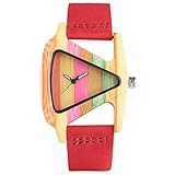 Taschenuhr Mit Kette  Holzuhr Damenuhren Dreieck Hohlholzuhr Bunte Streifen Bambusuhr Damenuhr Mode Dame Lederarmbanduhr,Dampf (Farbe : Rot)