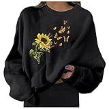 TTWOMEN Damen Langarm Rundhals Sweatshirts Lässige Sonnenblumen Printed Lose Pullover Top