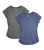 icyzone Damen Fitness Sport T-Shirt Kurzarm Laufshirt Gym Training Funktion Shirt, 2er-Pack (XL, Grau/Blau)