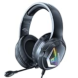 DROHOO RGB Gaming Headset für PC Computer Ps4 X-Box One Laptop USB Adapter Premium Soft Memory Ohrenschützer Noice Cancelling,Schw