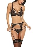 Meaneor_Fashion_Origin Damen Reizwäsche Spitzen Unterwäsche Strapsen Negligee Nachtwäsche Nachthemd V-Ausschnitt Lingerie Transparente Babydoll mit Strumpfhaltergürtel-Dessous, Schwarz C, L