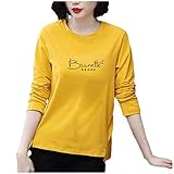 Plus Size T-Shirt aus Baumwolle mit Buchstabendruck Langarm-Top mit Rundhalsausschnitt Lässiger Sportpullover für D