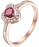 AmDxD Diamantring Rotgold 18K, Herz Ring Gold Damen mit Rose Rot Rubin 0.45ct, als Geschenke für Frauen Mutter, Rose Gold, Gr.48 (15.3)