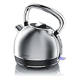 Arendo - Retro Edelstahl Wasserkocher Teekessel im Vintage Style - max. 2200 Watt - austauschbarer Kalkfilter - Füllmenge max. 1.7 Liter - automatische Abschaltung - Silber Edelstahl gebü