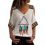 Lockerer V-Ausschnitt, Schulterfrei, Mittlere äRmel, Vintage-Print, T-Shirt, Sommer-Damenob