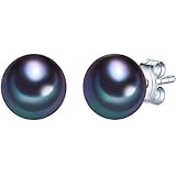 Valero Pearls Damen-Ohrstecker Hochwertige Süßwasser-Zuchtperlen in ca. 7 mm Button blau 925 Sterling Silber - Perlenohrstecker mit echten Perlen Dunkelblau 178850