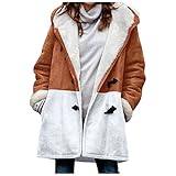 GOKOMO Damen Fleece Kapuzenjacke Farbabstimmung Wintermantel Damen Winterjacke Lang Elegant Mantel Für Damen Reversmantel Winter Lang Jacke Damen Langarm(XL,Braun)