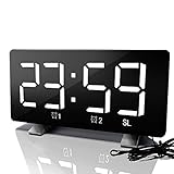 Digitaler Wecker, Gebogene dimmbare LED-Bildschirm-Digitaluhr, Schlummerfunktion, USB-Ladefunktion, 3 Helligkeits- und 0-15 Lautstärkeregelung, für Schlafzimmer Bü