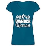 Sport Wandern Football & Co. - Wander Woman - weiß - XL - Türkis - Tshirt Damen Weiss mit Aufdruck - XO1525 - Damen T-Shirt mit V