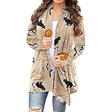 MARSPOWER Damen Pumpkin Cat Cardigan Halloween Langarm Offener Strickpullover Allgleiches Overwear Mantel Sweatshirt - Beige L