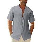 AXIU Leinenhemd Herren Kurzarm Henley Shirt Männer Einfarbig Freizeithemd Übergröße Sommer Casual Hemden Leichte Atmungsaktives Bequem Leinen Sommerhemden Loose F