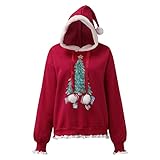 Weihnachtspullover Damen Ugly Weihnachtspulli Weihnachts Hoodie Rentier Lustige Dicker Kapuzen Pullover Jugendlich Weihnachts Zwergen Print Langarm Strickpullover Oversize Kurz Christmas Sw