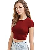 DIDK Damen Crop Tops Kurzarm T-Shirts Slim Fit Rundhals Shirt Sommershirts Oberteile Sport Tee Einfarbig Casual Kurz Top Bauchfrei Weinrot S