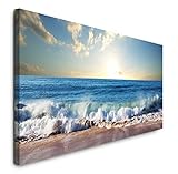 Paul Sinus Art GmbH Strand mit Wellen 120x 50cm Panorama Leinwand Bild XXL Format Wandbilder Wohnzimmer Wohnung Deko Kunstdruck