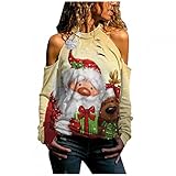 CHUNSE Weihnachten Langarmshirt Pullover Off Shoulder Pullover Damen Weihnachten Print Aushöhlen Sweater Dress for Women Long Shirt Top Langarm B