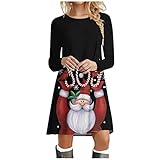 Frauen Mini-Kleid, lockeres Kleid, lässig, Damen, langärmlig, Rundhalsausschnitt, Weihnachtsmotiv, lockeres T-Shirt, Minikleid, Swing, Kleid, 2# Weinrot, S