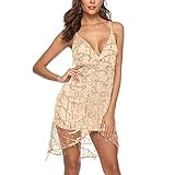 Hstiser Damen Sexy Riemen Kleid Slip Dress V-Ausschnitt Partykleid Pailletten Binden Kreuz Spaghetti-Träger Open Back CamiMini Kleider (Champagner, X-Large)