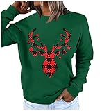 Damen Weihnachten Langarm T Shirt Winter Herbst Rundhals Rentier Plaid Print Shirt Casual Mode Lose Bequem Bluse Top, grün, 42