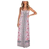 TYTUOO Damen Casual Sommer Maxikleider Sexy Ärmellos Blumendruck Kleid V-Ausschnitt Strapse Bohe Cocktail Langes Kleid Party Strand, A-Pink, S