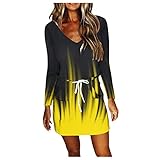 Overdose Damen Kleider Mode Minikleid Casual Loose Kleid Kordelzug Freizeitkleider Mit Taschen Dress V-Ausschnitt Langarm Kurzer Rock Drucken für Frauen(F-Grün,M)